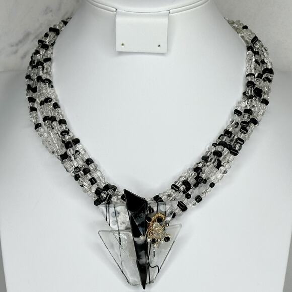 Black and Clear Beaded Multi Strand Gold Tone Necklace - Picture 1 of 10